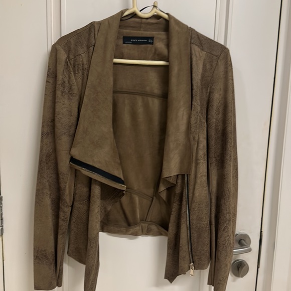 ZARA Faux Suede short jacket in Chocolate Brown with zip in Size L! Super soft! - Picture 8 of 10